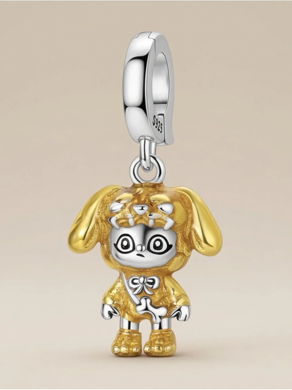 Sterling Silver & Gold Dog Charm Pendant - Cute Puppy Costume
